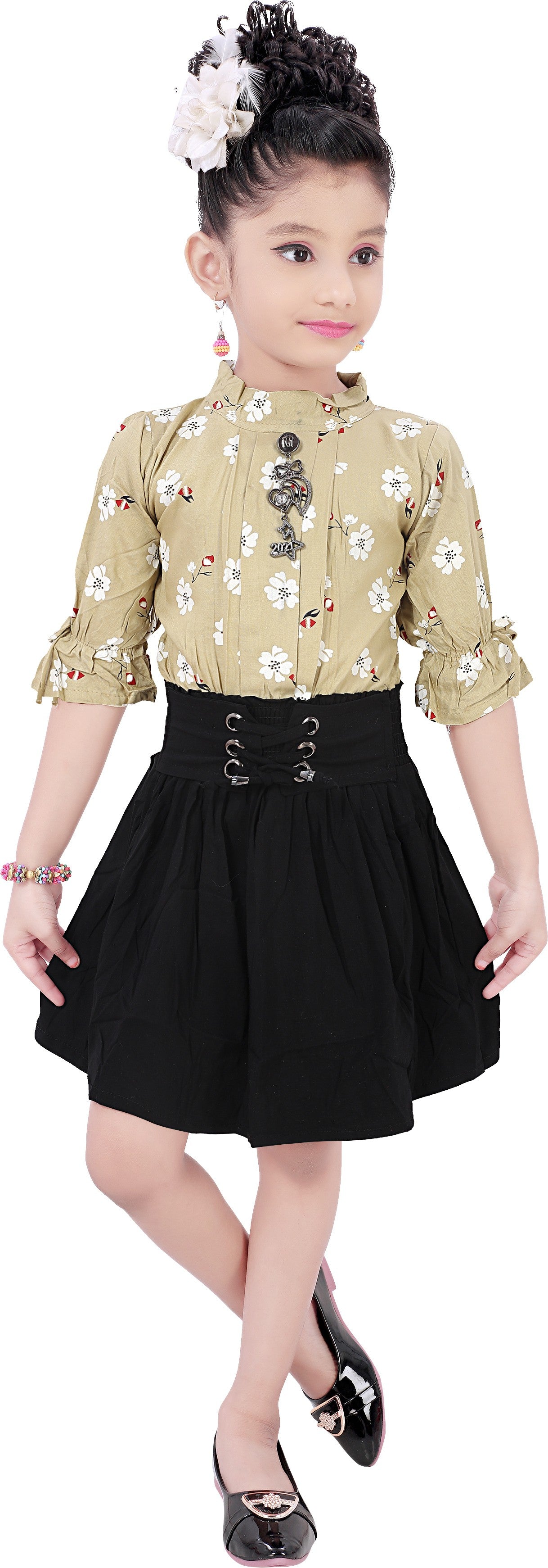 Beige Viscose Rayon Dress For Girls