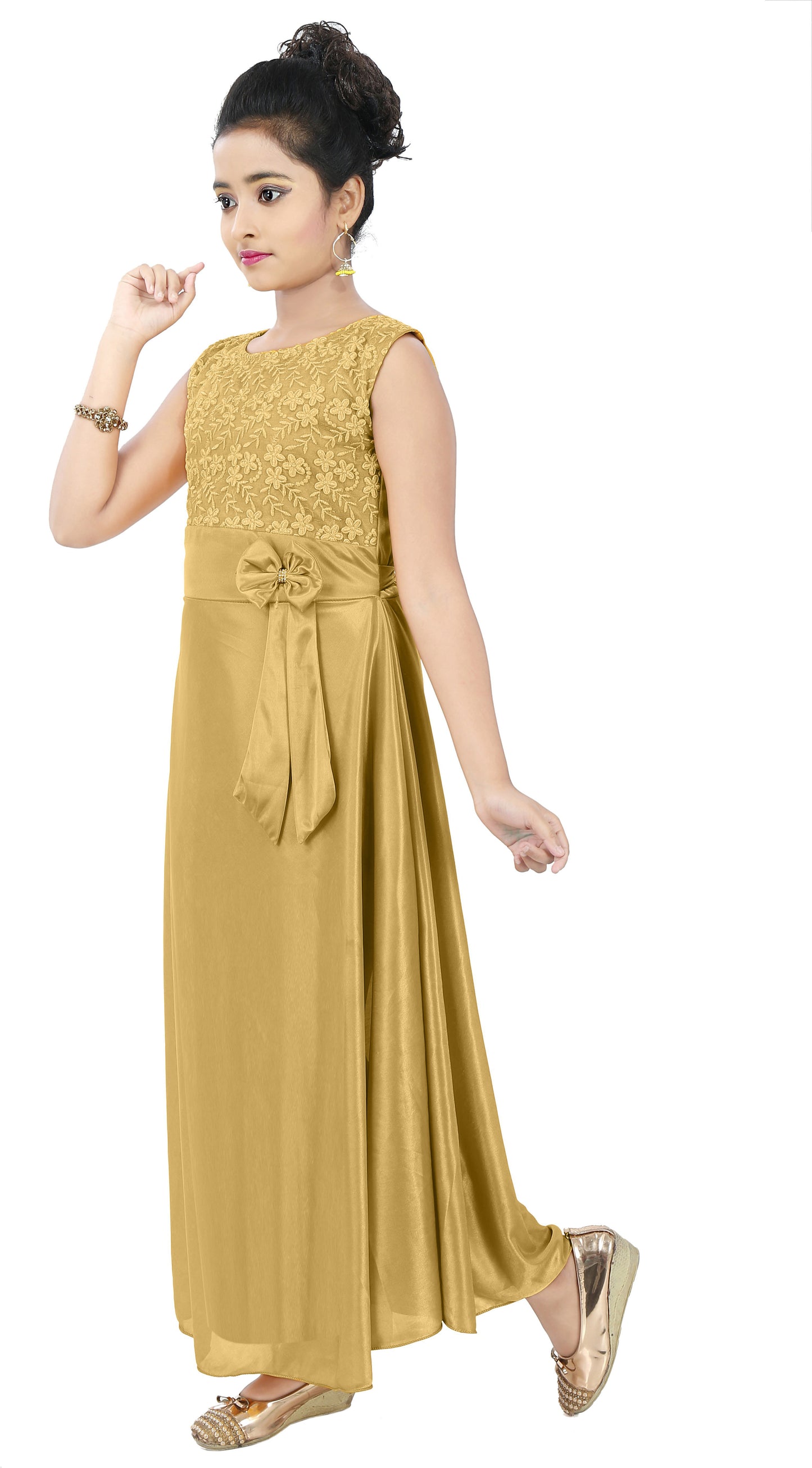 Golden Lycra Blend Dress For Baby Girls