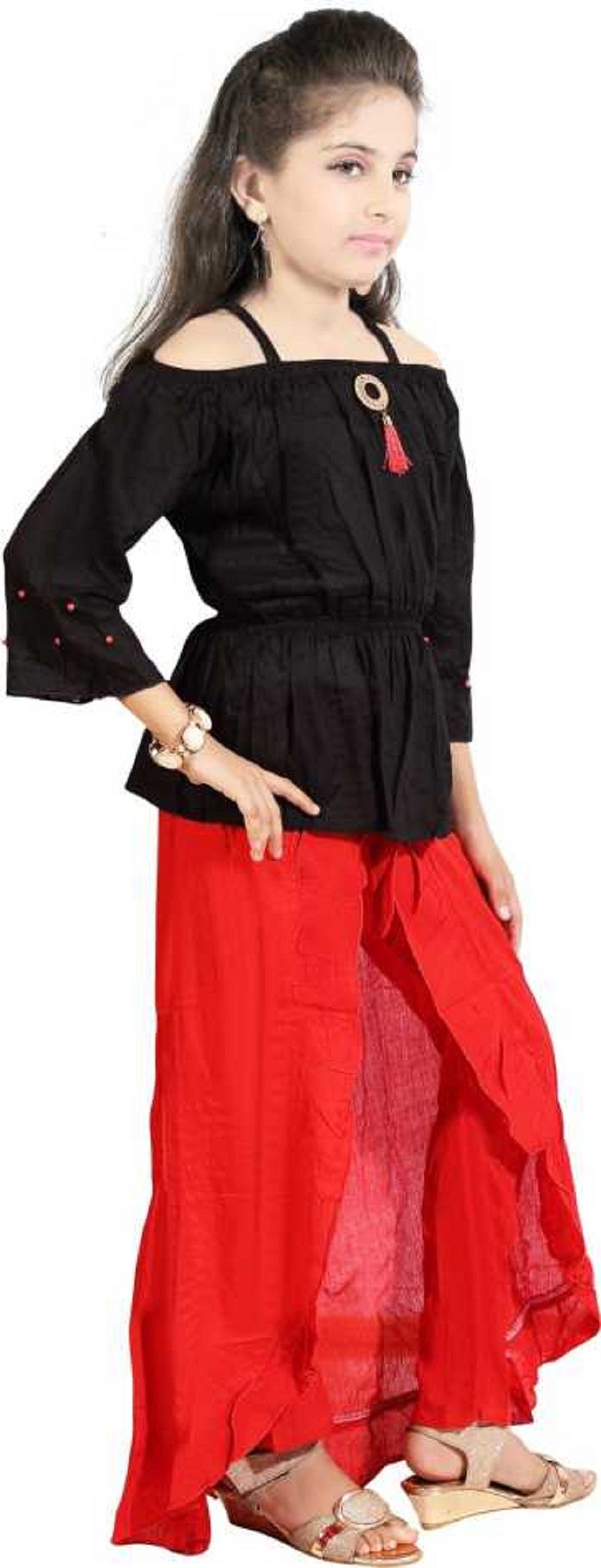 Black And Red Cotton Blend Kids Apparel Combo For Girls