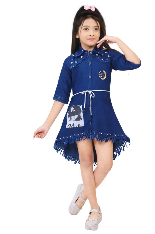 Dark Blue Printed Denim Frock For girls