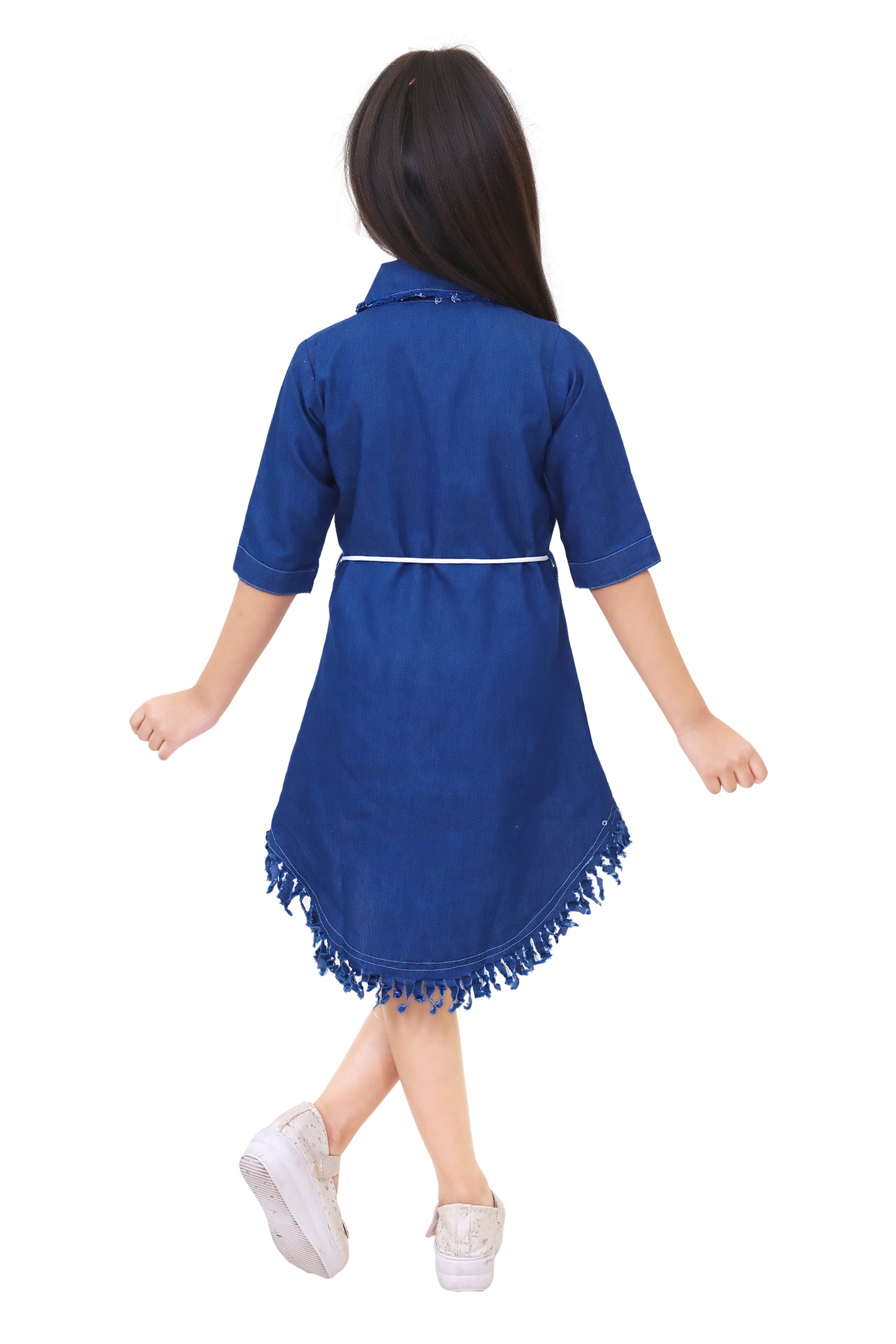 Dark Blue Printed Denim Frock For girls