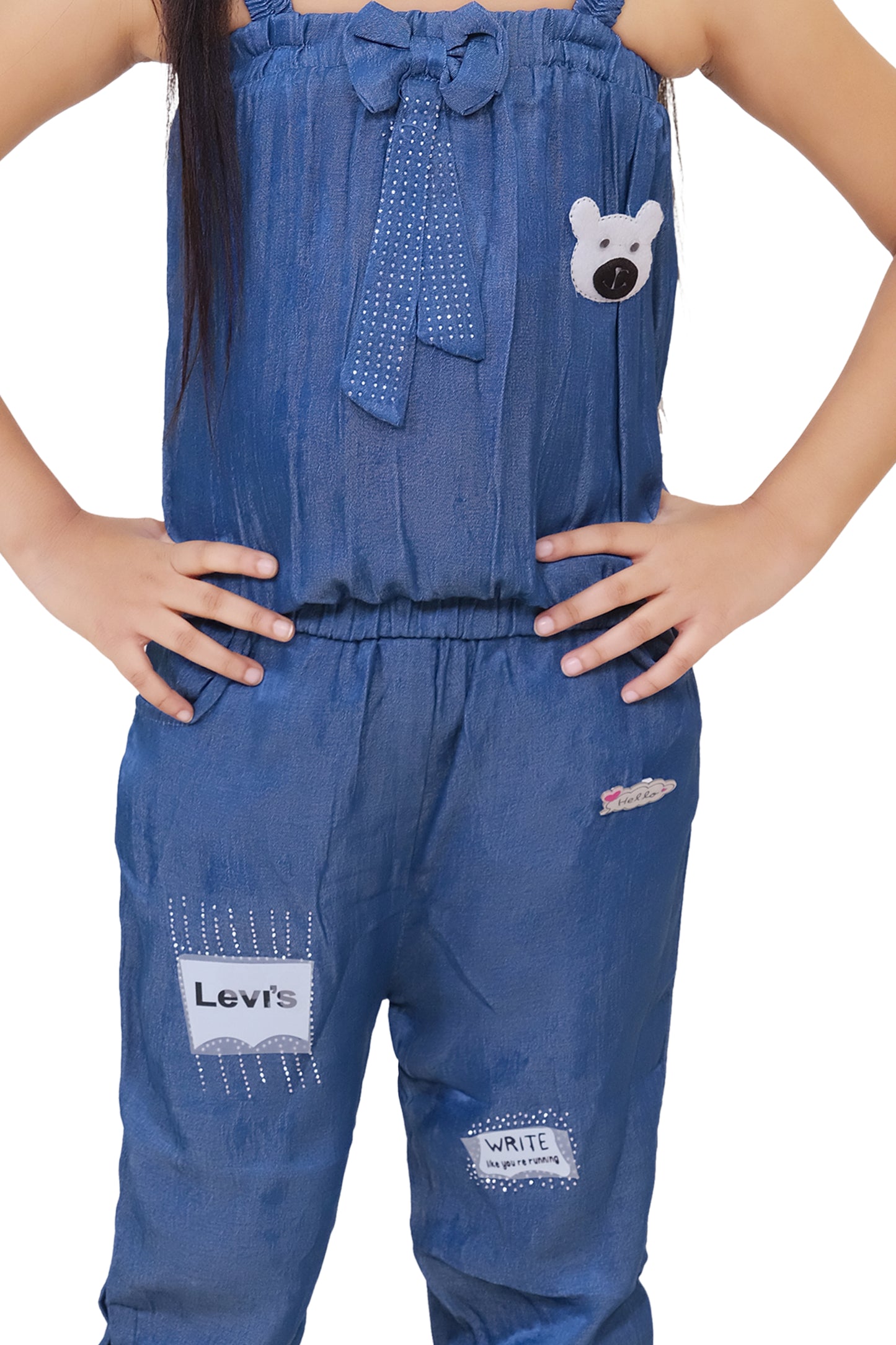 Blue Solid Denim Two Piece Dress For Girls