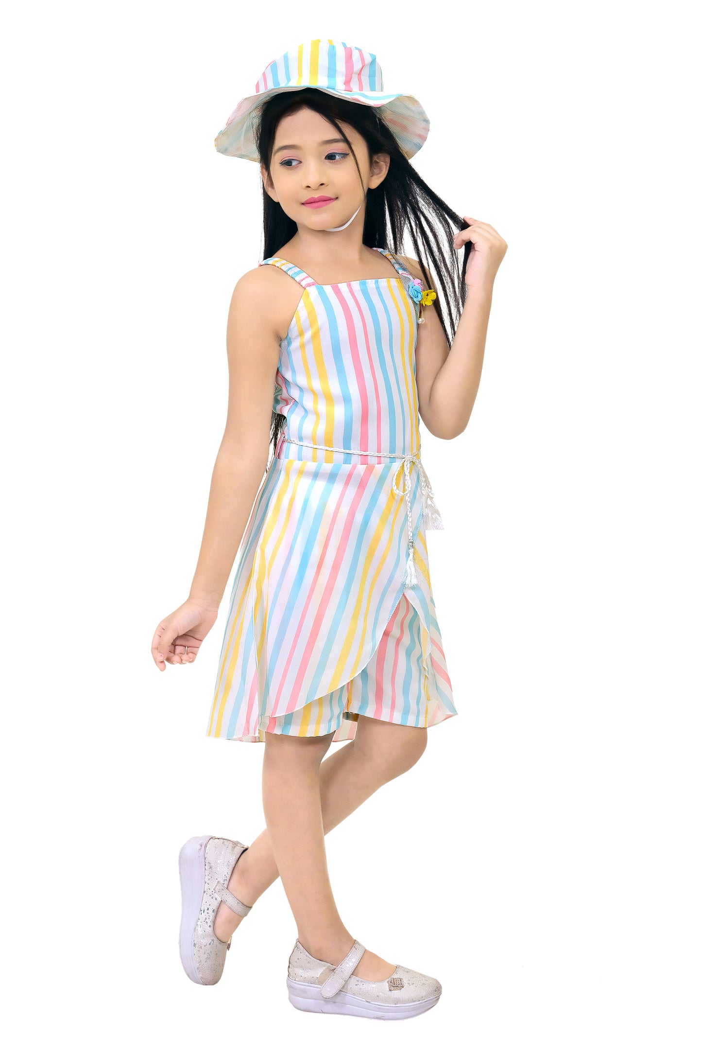 White & Multi Printed Top & Shorts For Girls