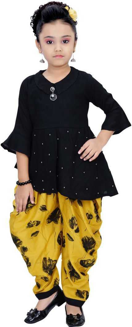 Yellow & Black Viscose Rayon Kids Apparel Combo For Girls