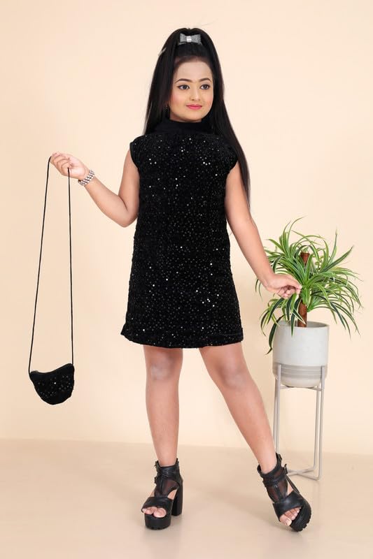 Black Sequins Velvet Dress With Purse For Girls