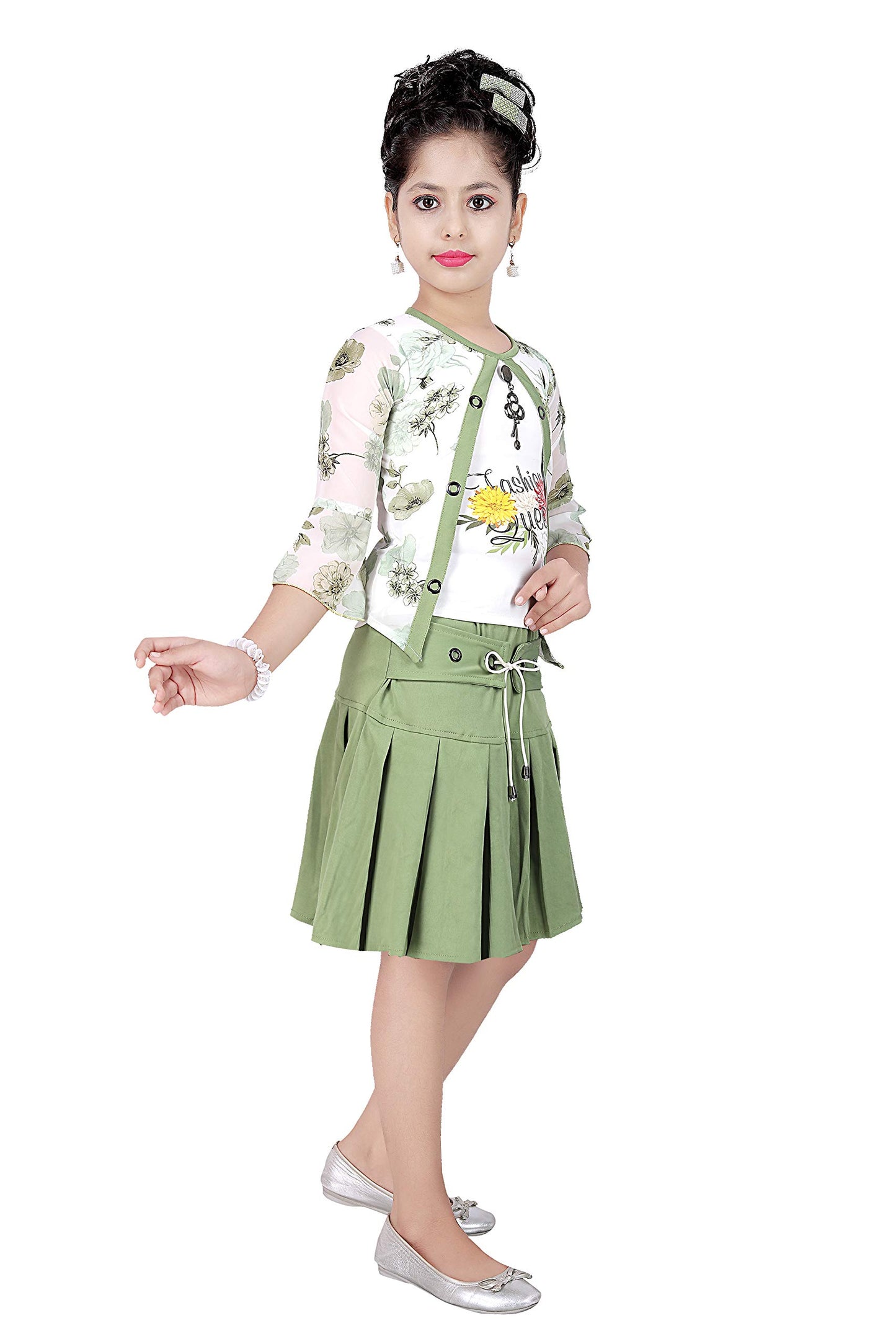 Green Cotton Blend Kids Apparel Combo For Girls