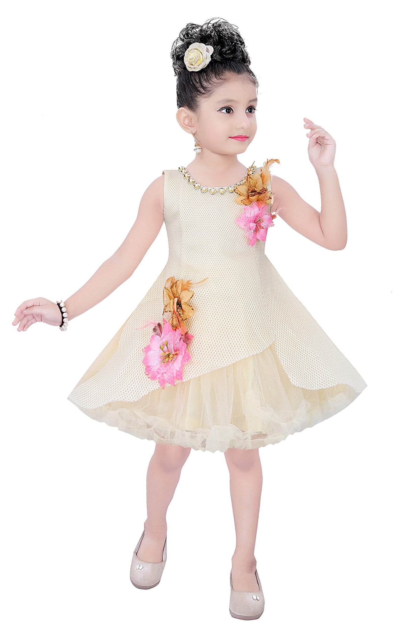 Cream Net Dress For Girls