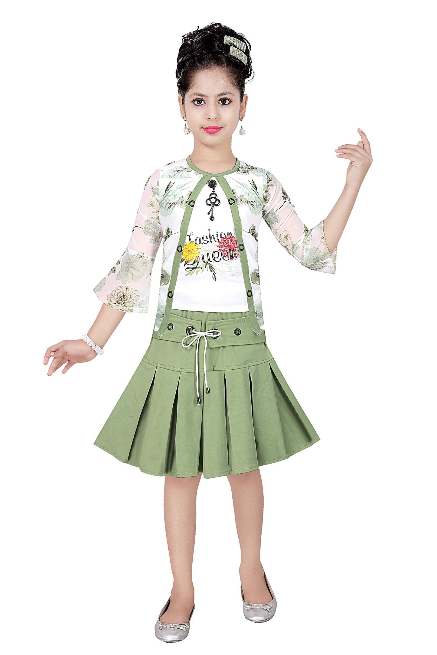 Green Cotton Blend Kids Apparel Combo For Girls