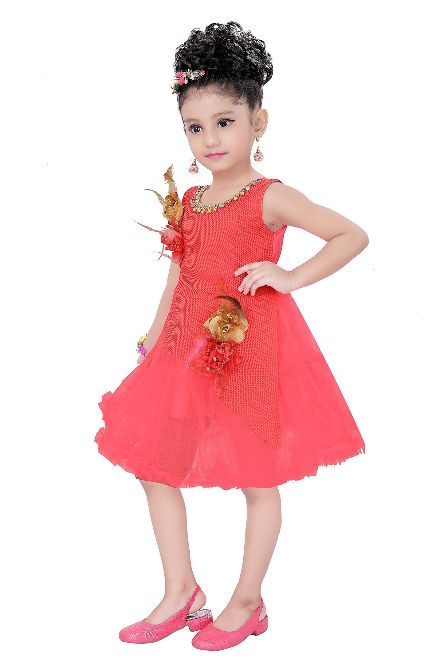 Dark Orange Net Dress For Girls