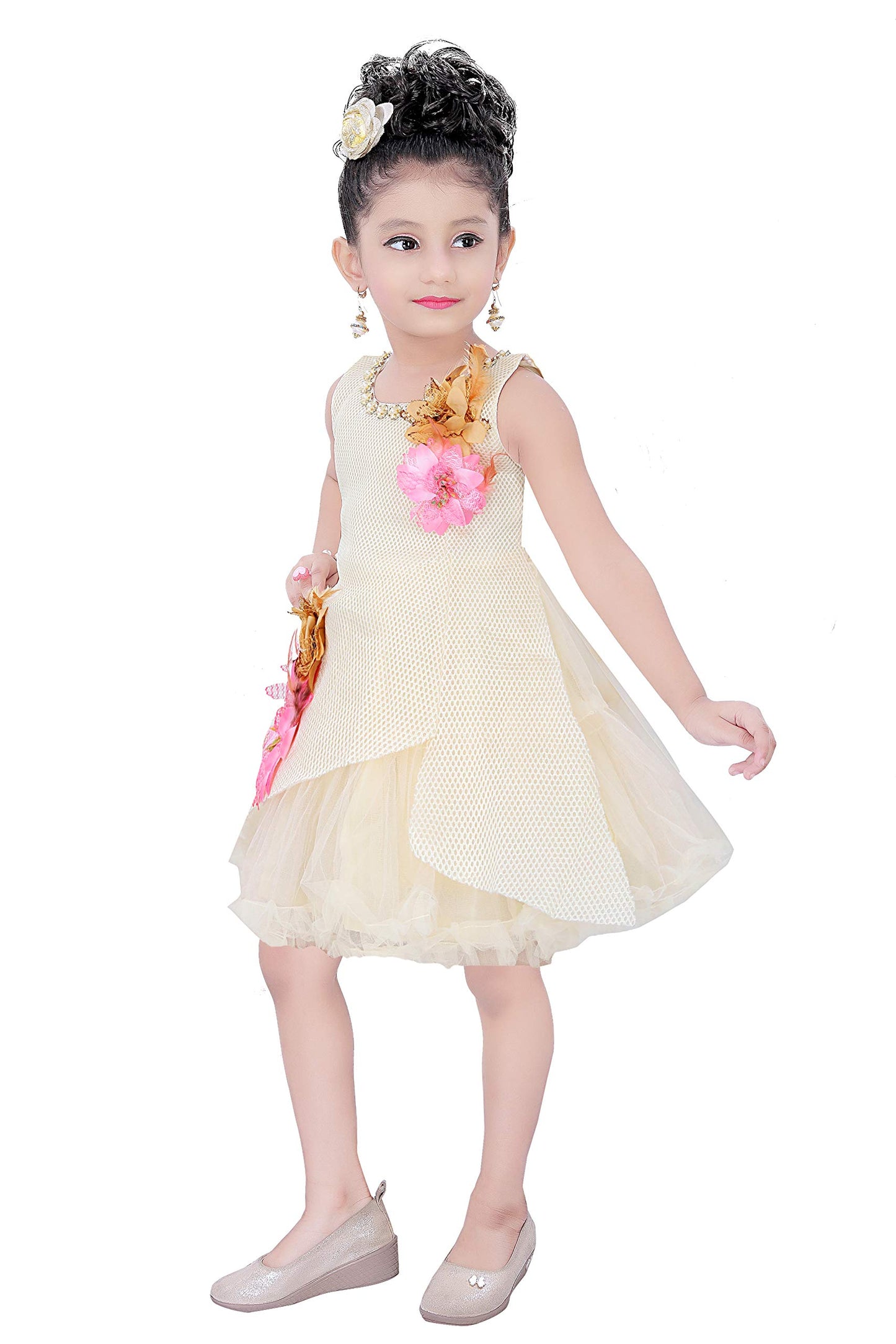 Cream Net Dress For Girls