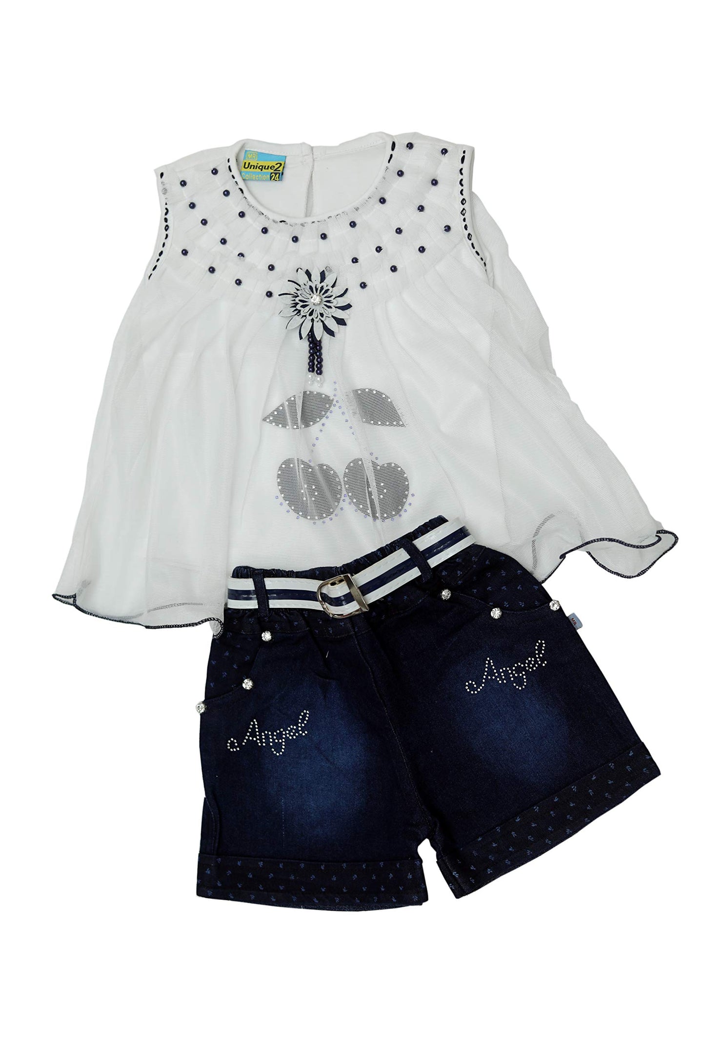White Cotton Blend Kids Apparel Combo For Girls