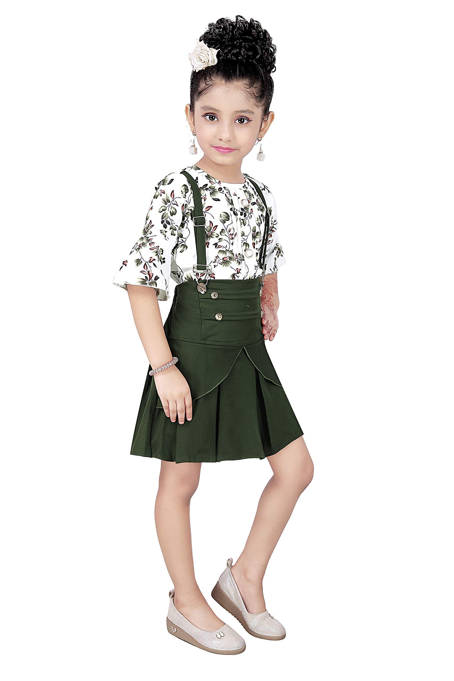 Green Cotton Blend Kids Dungaree Romper For Girls