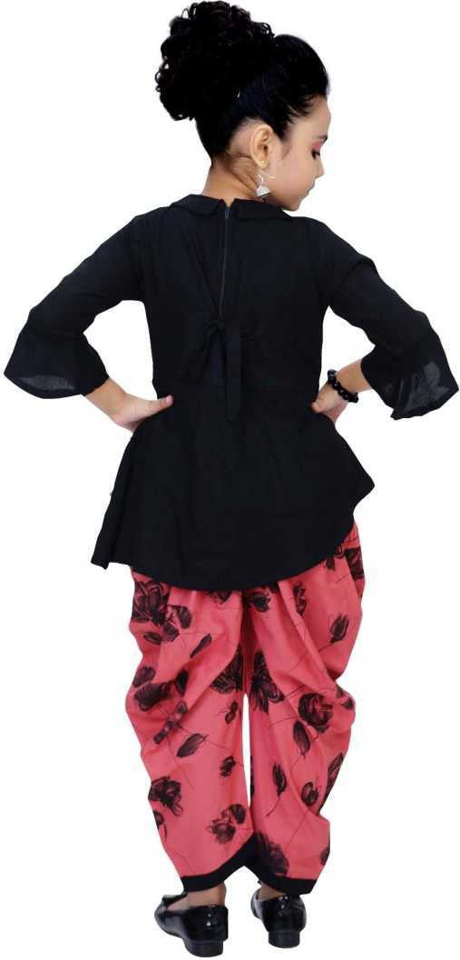 Coral & Black Viscose Rayon Kids Apparel Combo For Girls