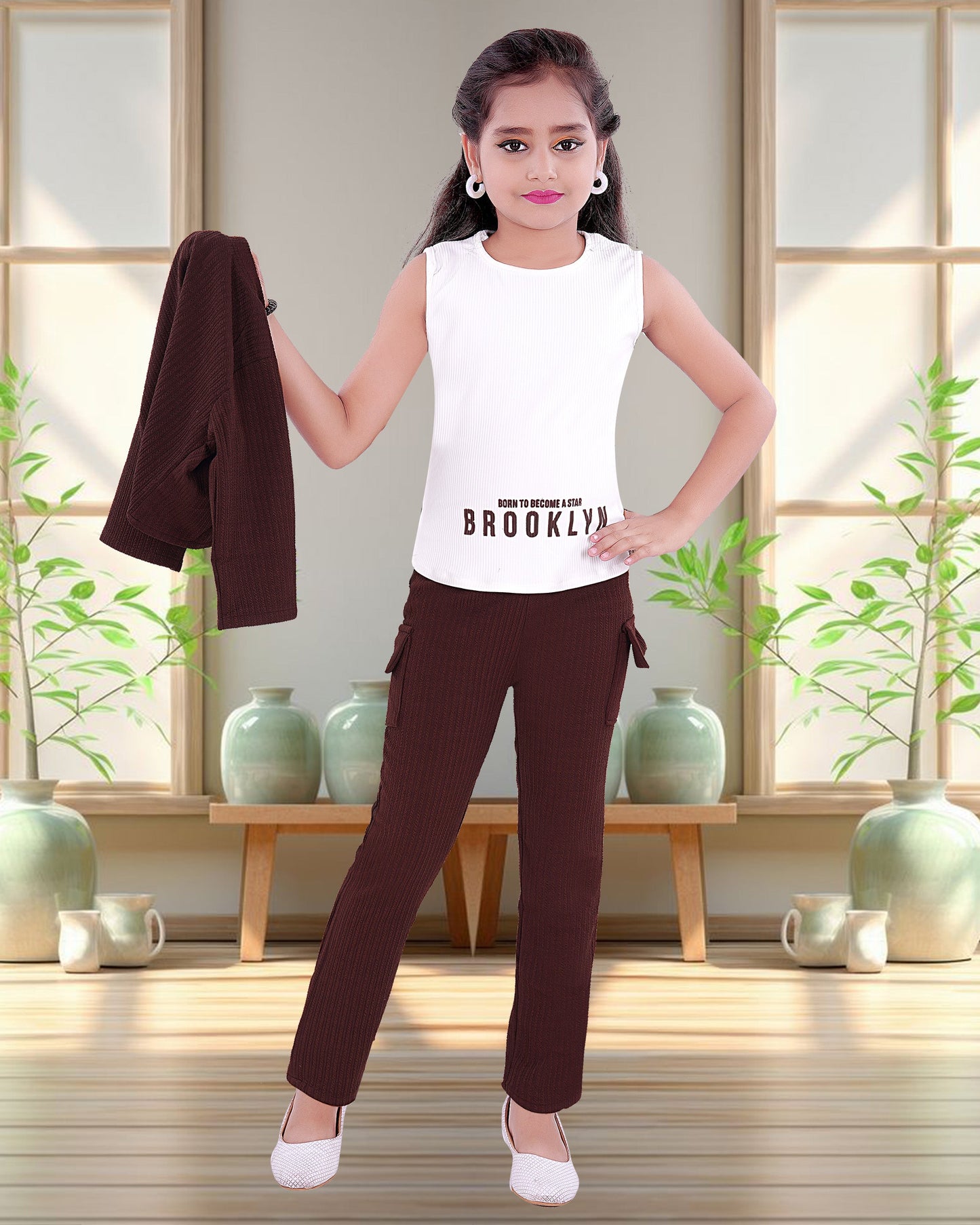 Brown & White Colored Cotton Blend Three Piece For Girls.