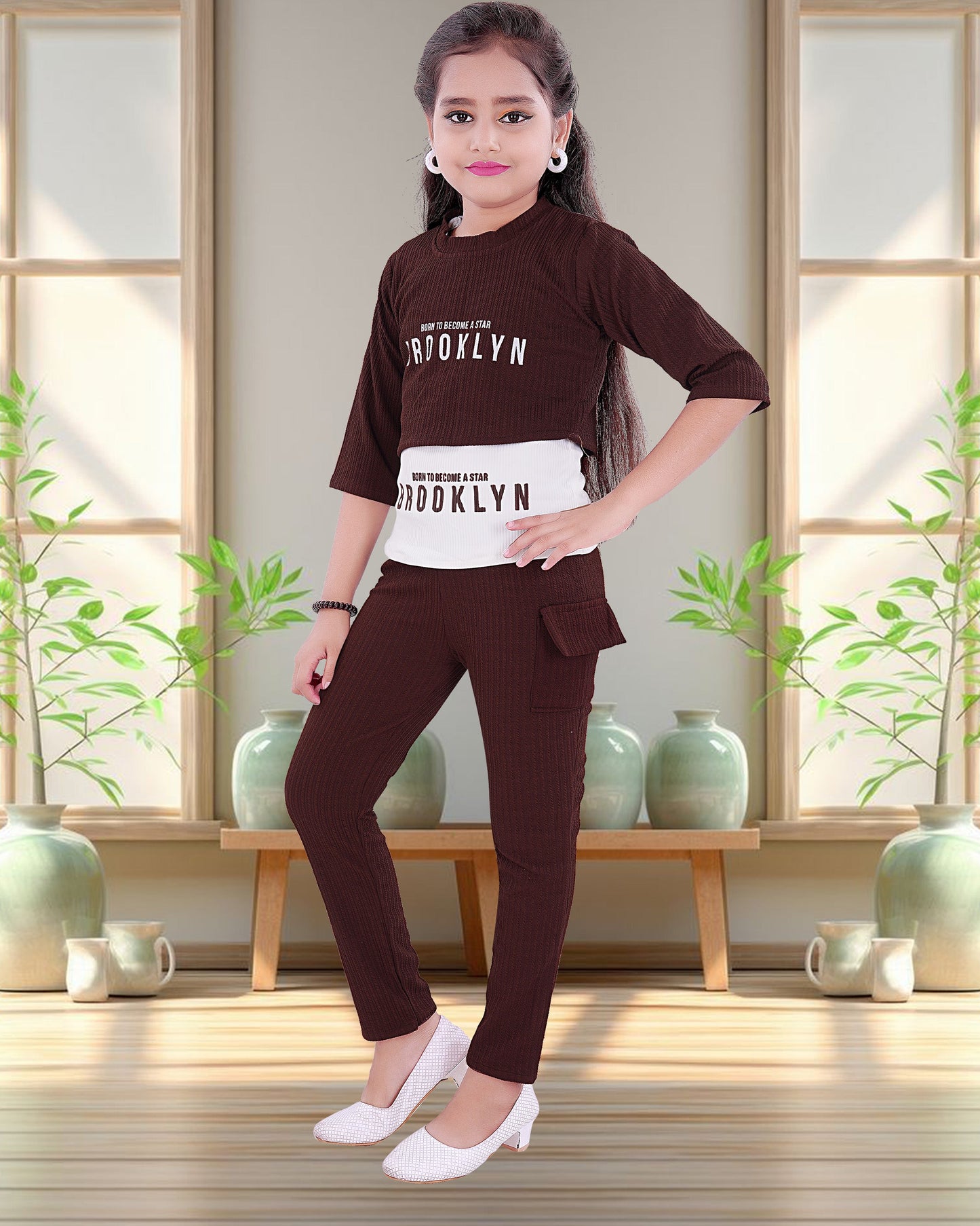 Brown & White Colored Cotton Blend Three Piece For Girls.