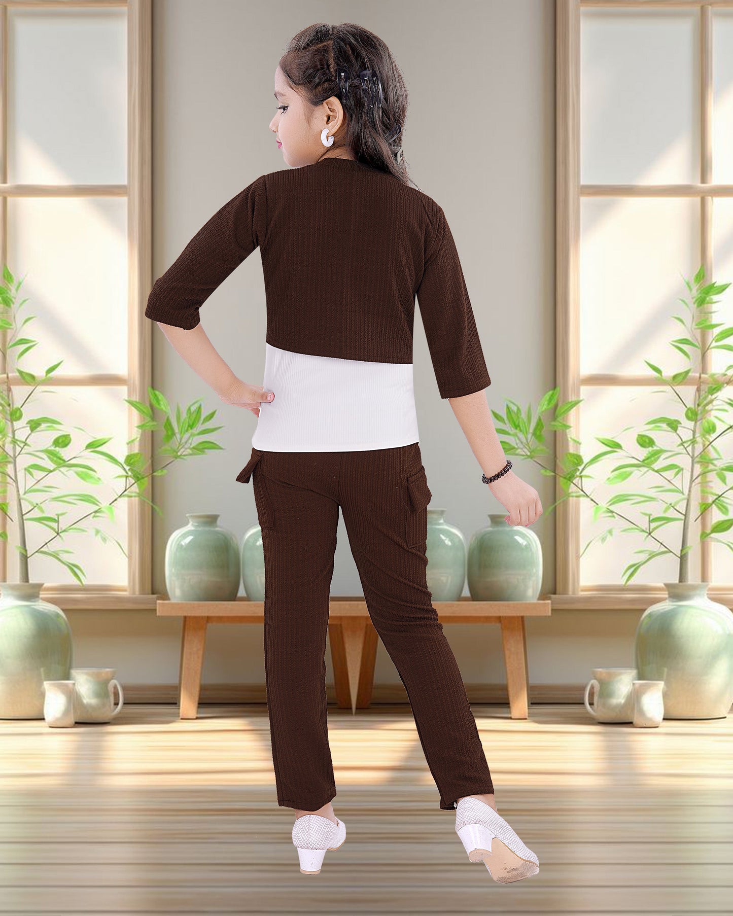 Brown & White Colored Cotton Blend Three Piece For Girls.