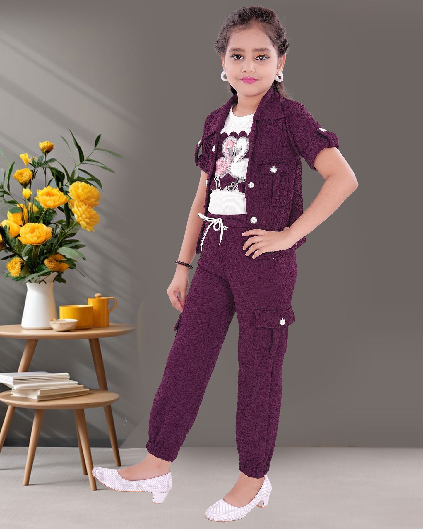 Cotton Blend White Colored Top & Purple Colored Bottom with Jacket For Girls.