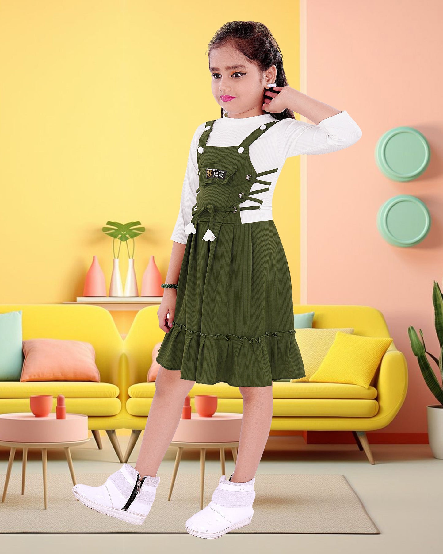 Dark Green & White Colored Cotton Blend Frock For Girls.