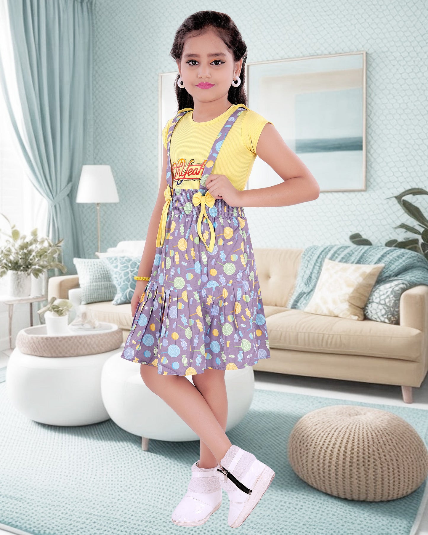 Yellow Coloured Cotton Blend Dungree Frock For Girls