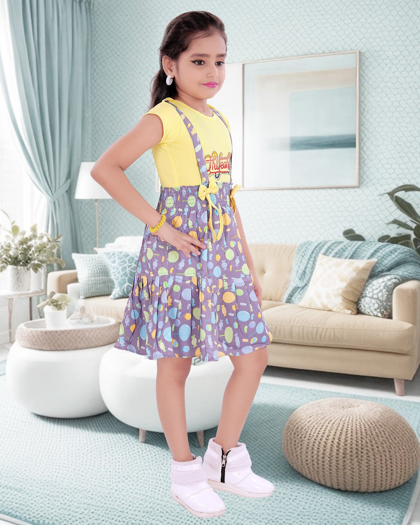 Yellow Coloured Cotton Blend Dungree Frock For Girls