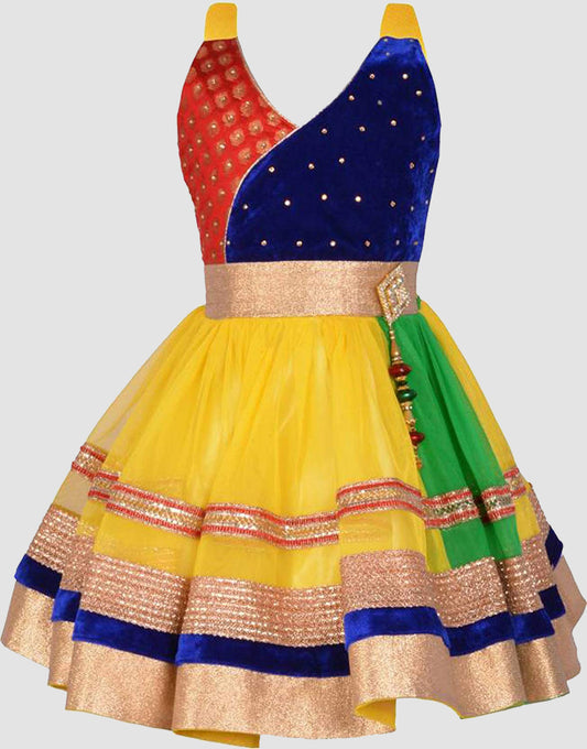 Yellow and green net frock for girls