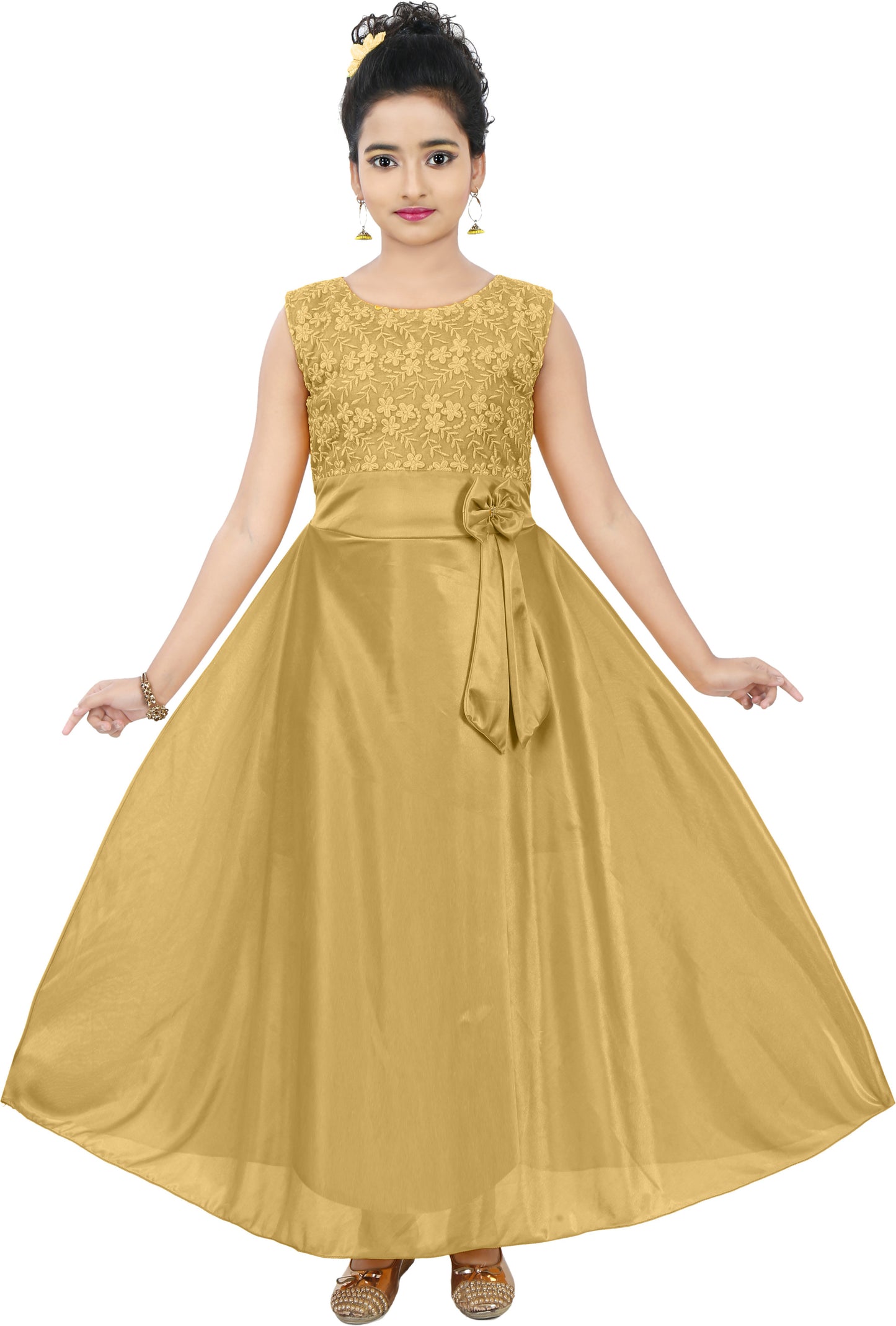 Golden Lycra Blend Dress For Baby Girls