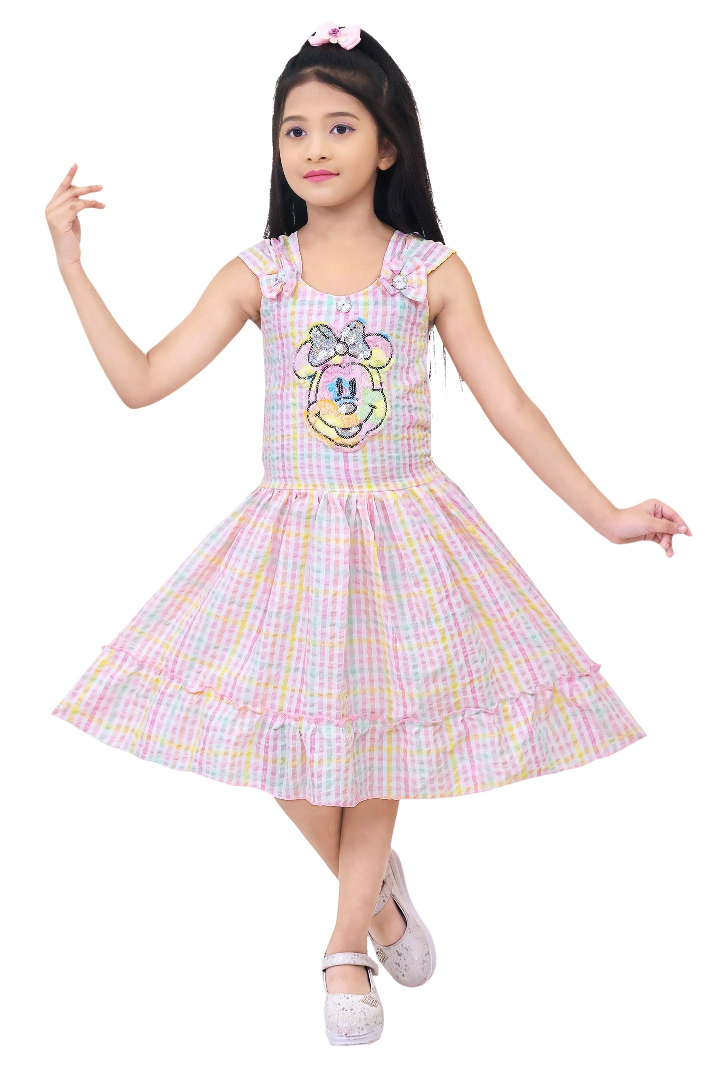 Multi Coloured Mickey Printed Cotton Frock For Girls