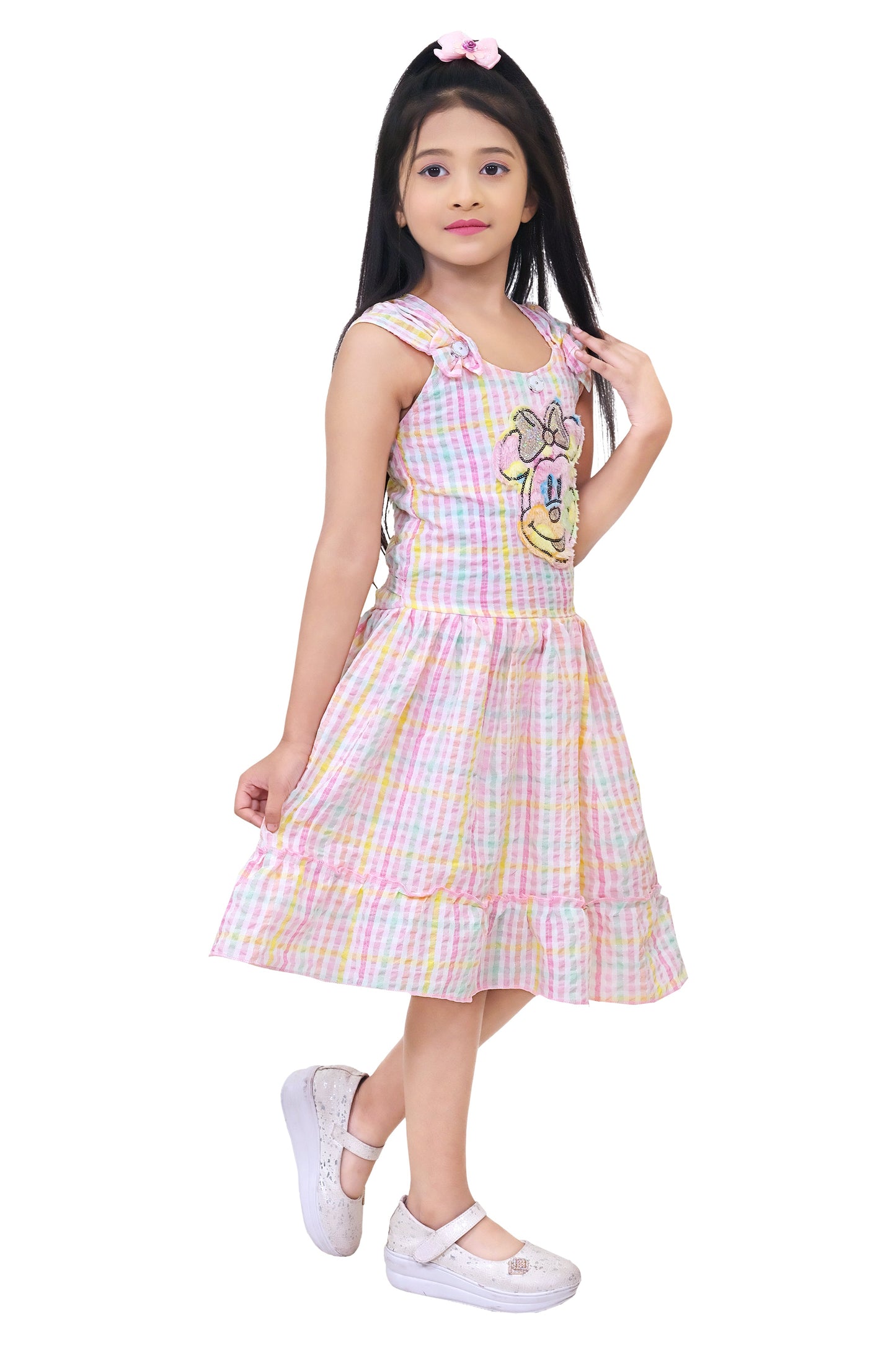 Multi Coloured Mickey Printed Cotton Frock For Girls