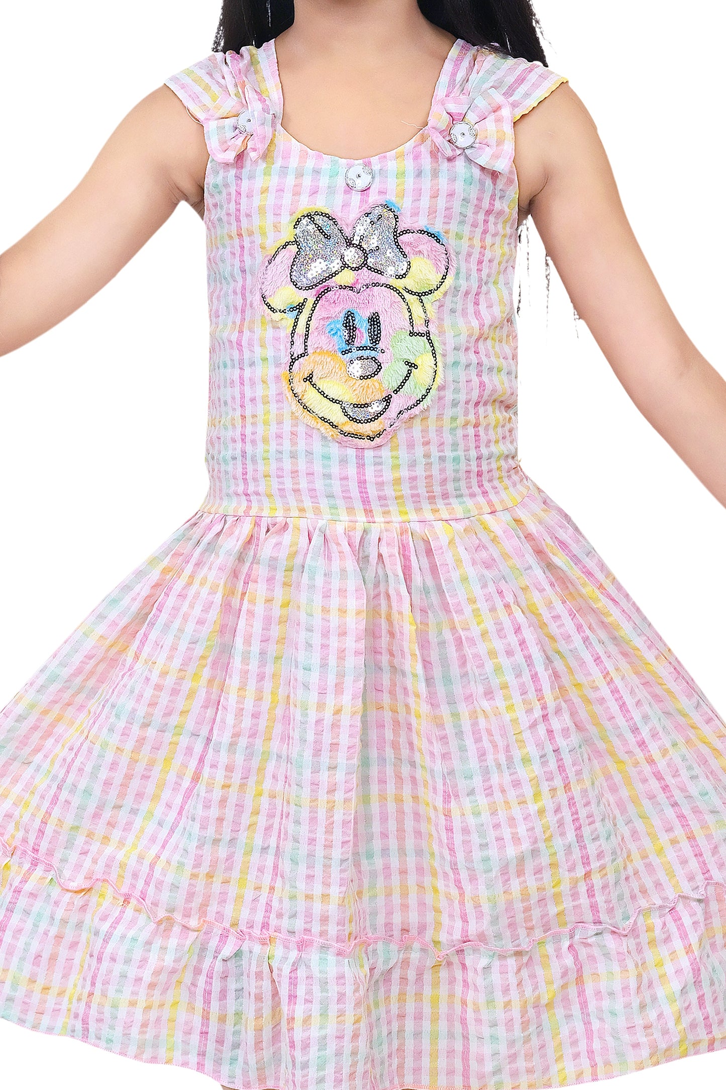 Multi Coloured Mickey Printed Cotton Frock For Girls