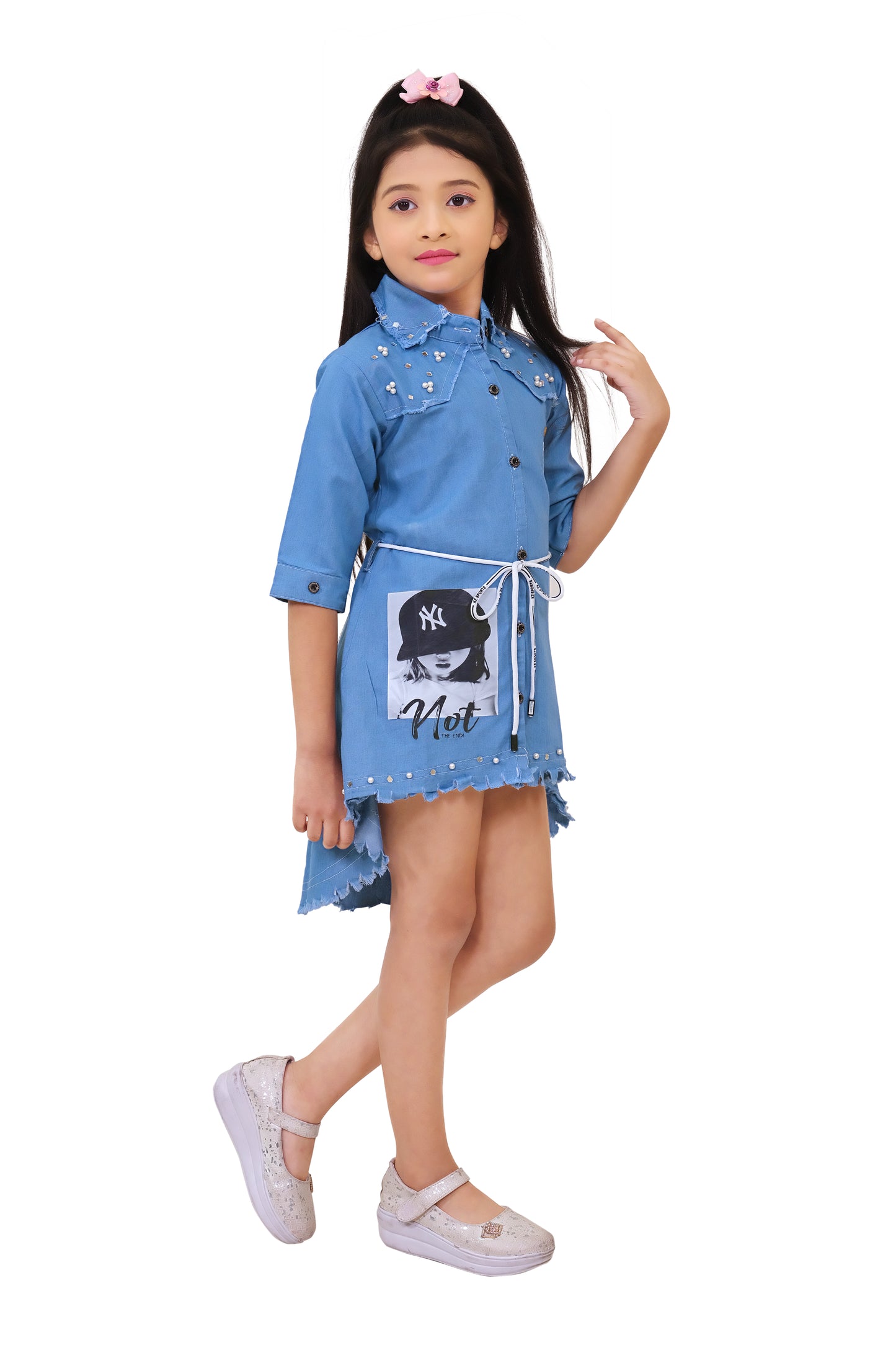 Sky Blue Printed Denim Frock For girls
