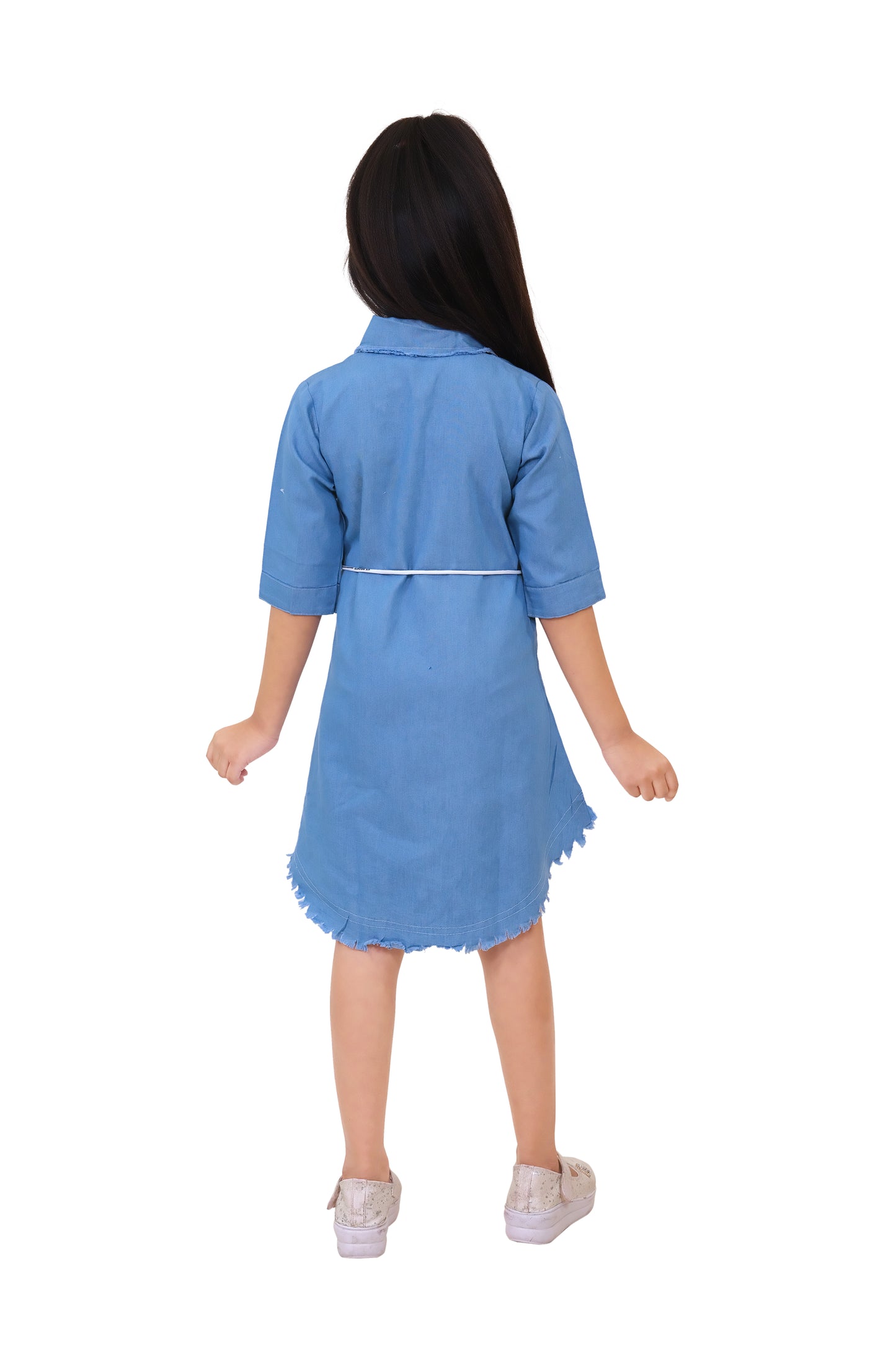 Sky Blue Printed Denim Frock For girls
