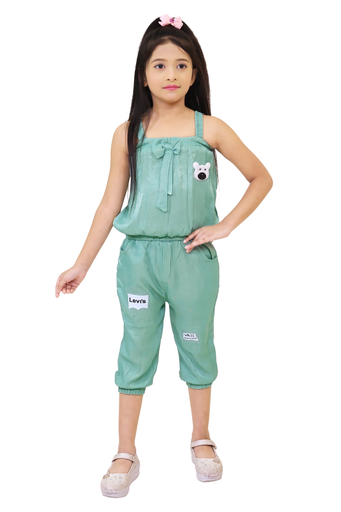 Green Solid Denim Two Piece Dress For Girls
