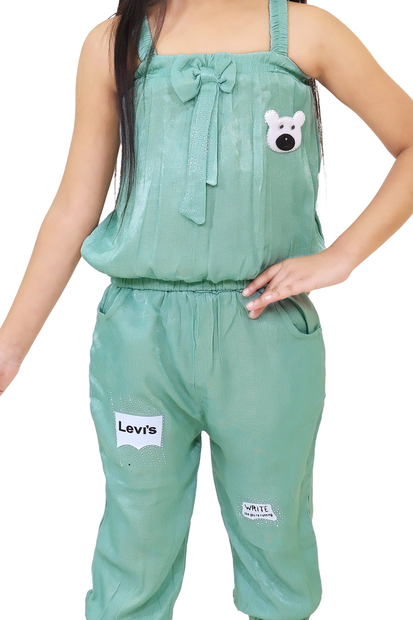 Green Solid Denim Two Piece Dress For Girls