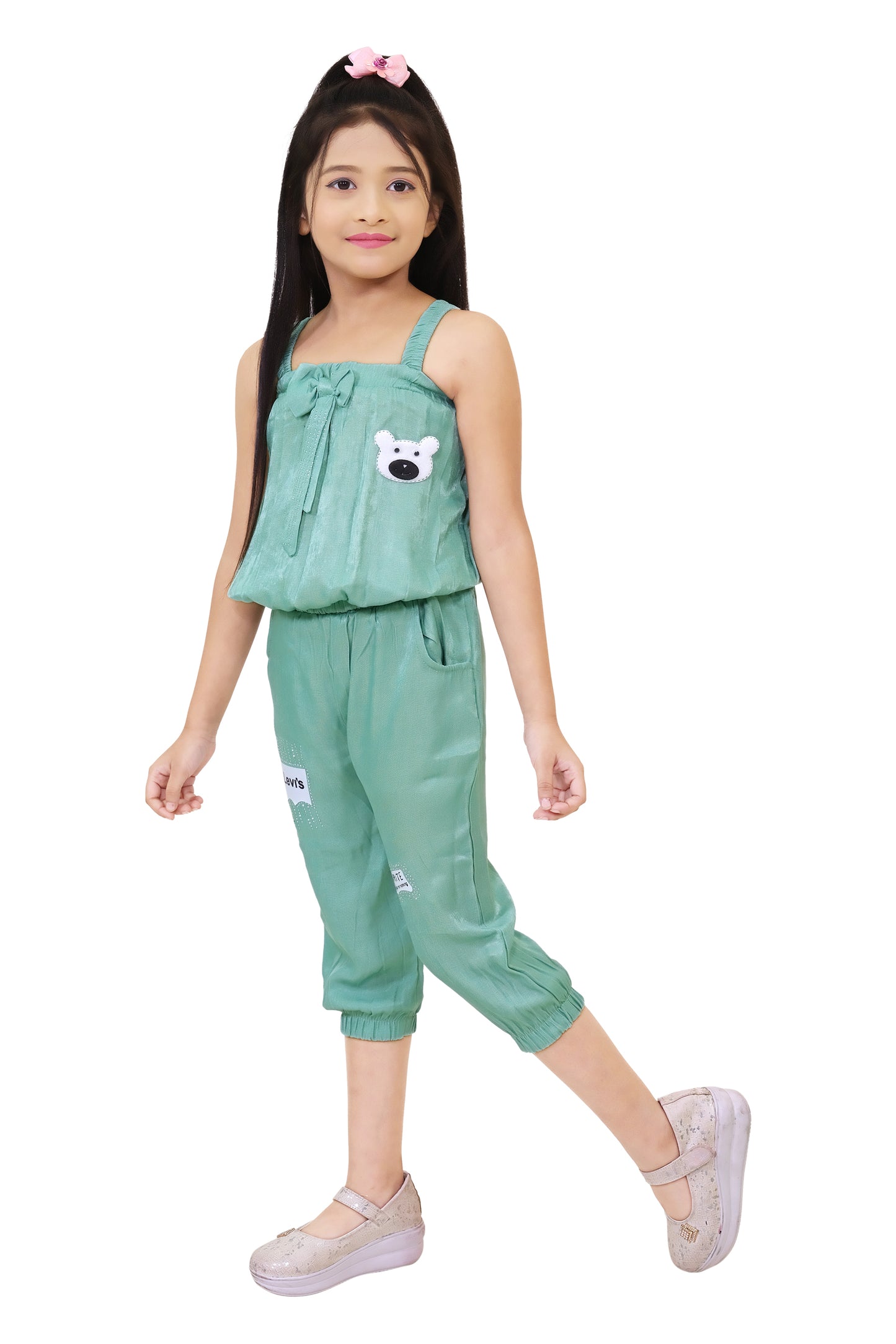 Green Solid Denim Two Piece Dress For Girls