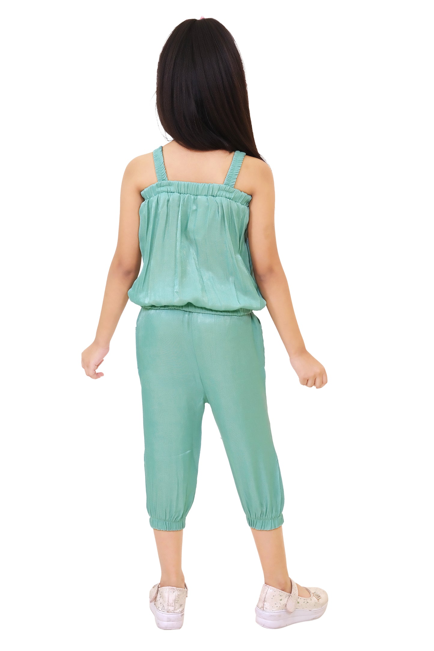 Green Solid Denim Two Piece Dress For Girls