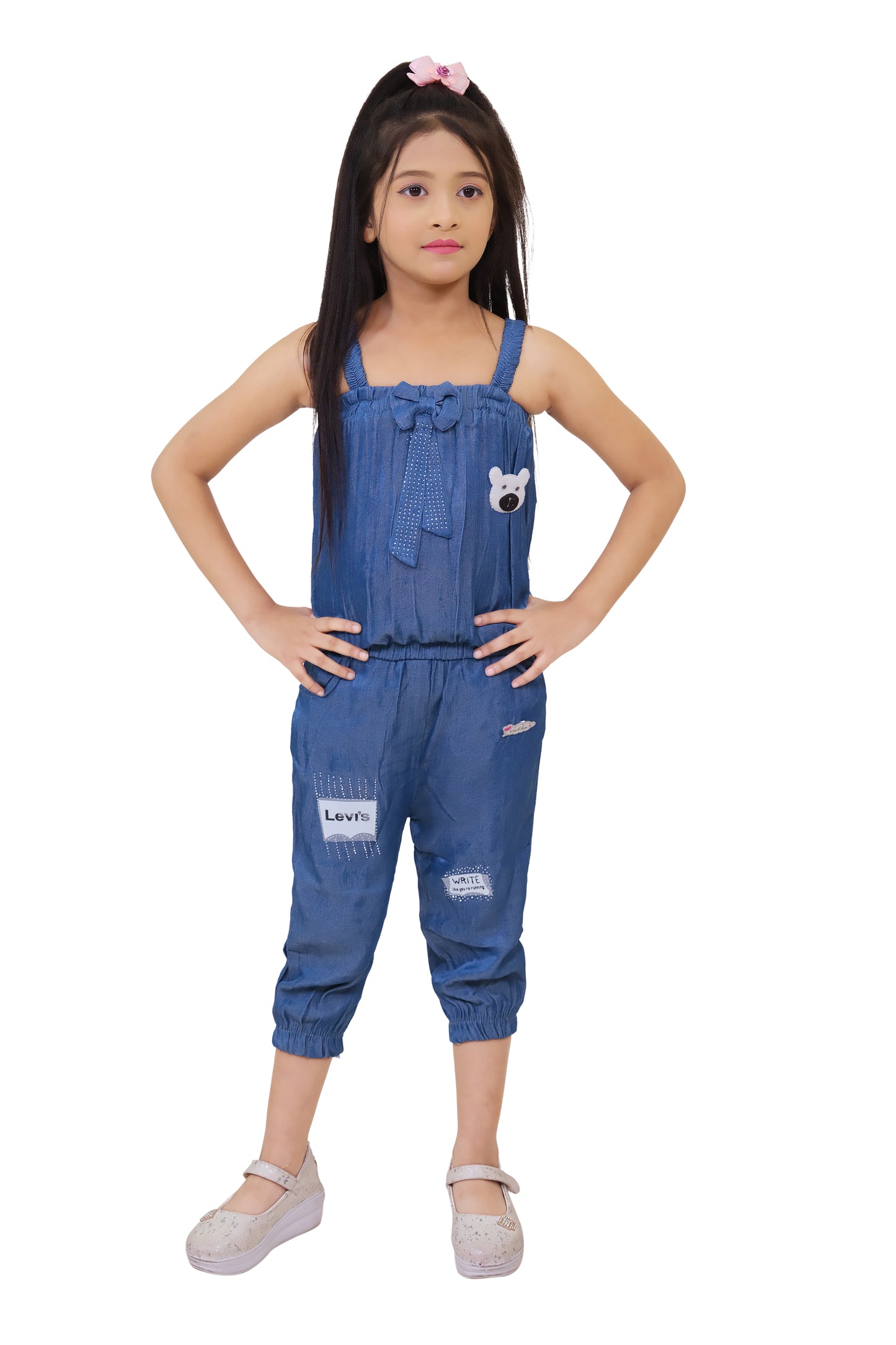 Blue Solid Denim Two Piece Dress For Girls