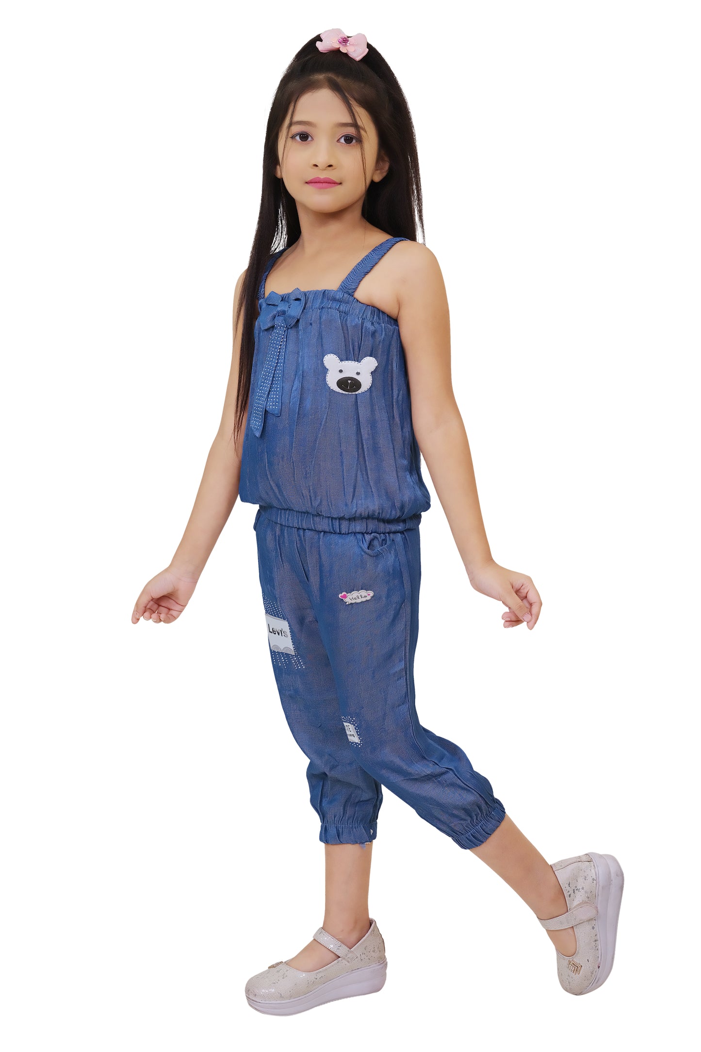 Blue Solid Denim Two Piece Dress For Girls