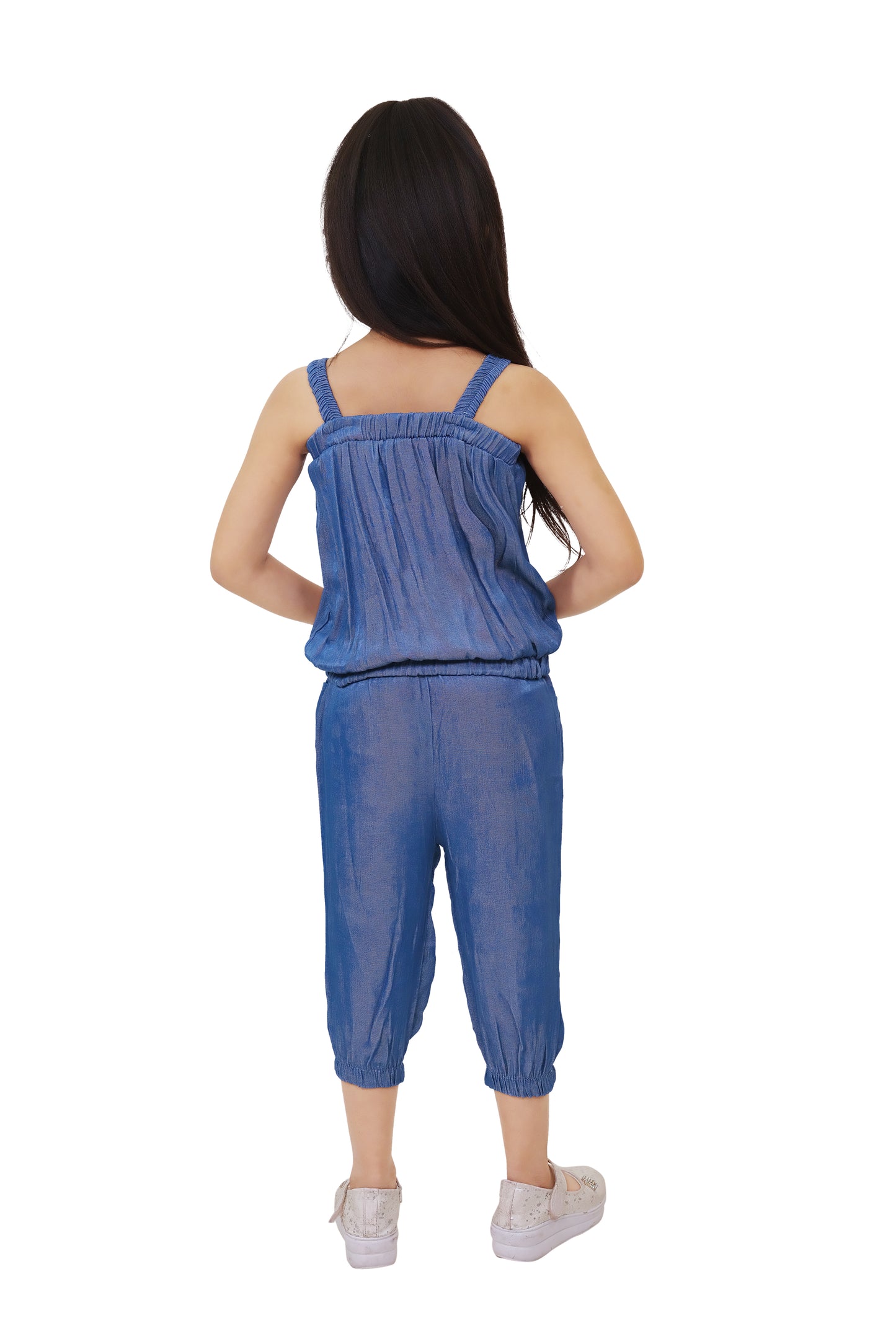 Blue Solid Denim Two Piece Dress For Girls