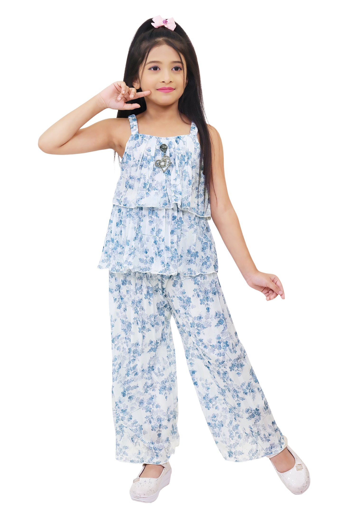 Blue Printed Georgette Plazo For Girls