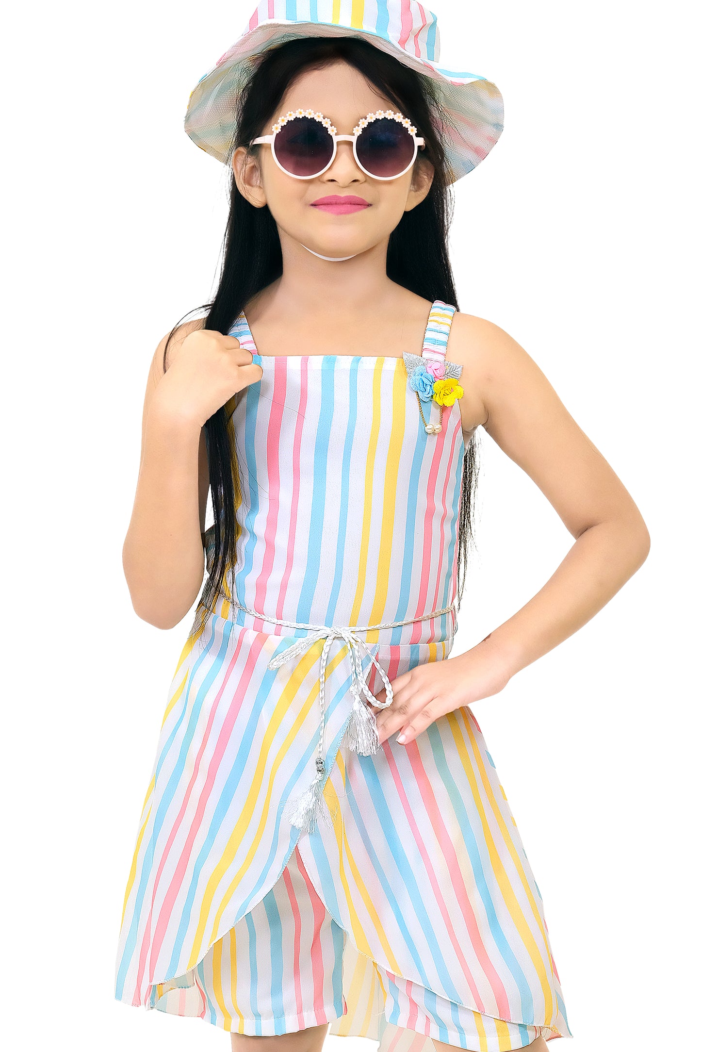 White & Multi Printed Top & Shorts For Girls