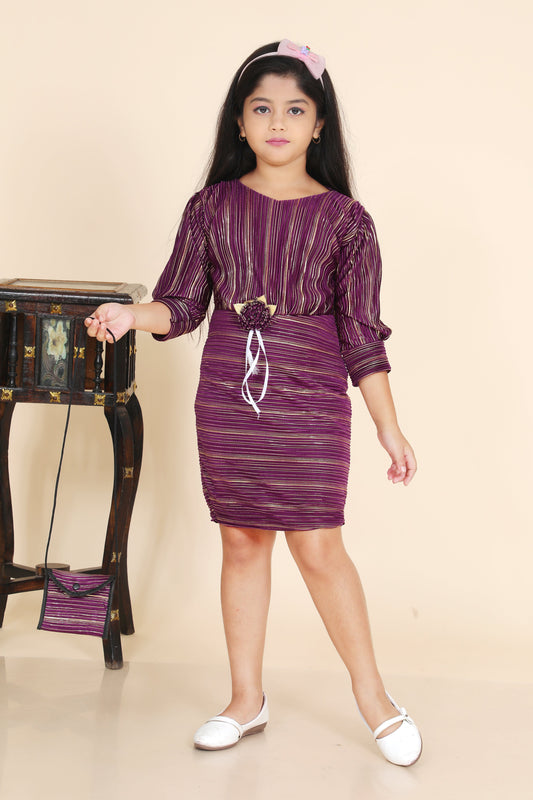 Purple Coloured Bright Lycra Fabric Frock With Purse For Girls