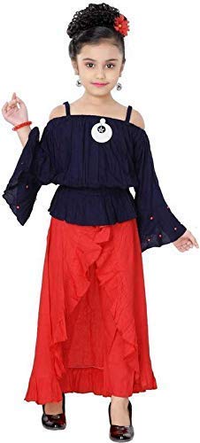 Blue And Red Cotton Blend Kids Apparel Combo For Girls