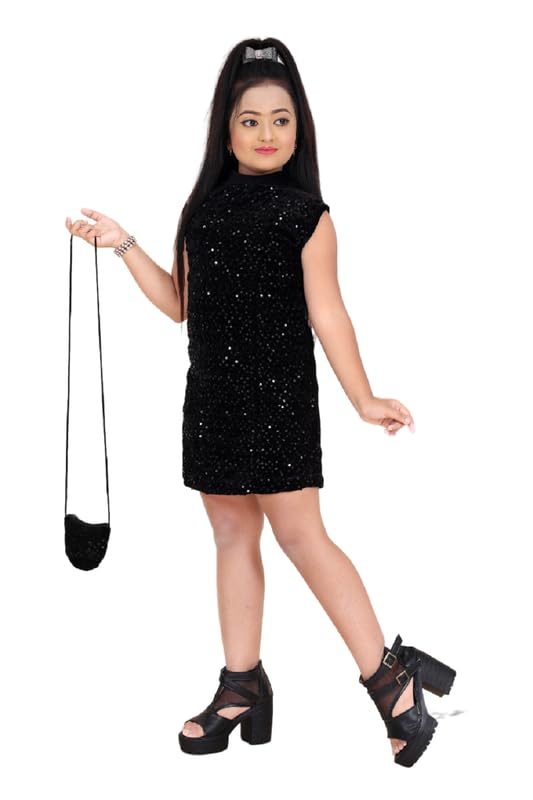 Black Sequins Velvet Dress With Purse For Girls