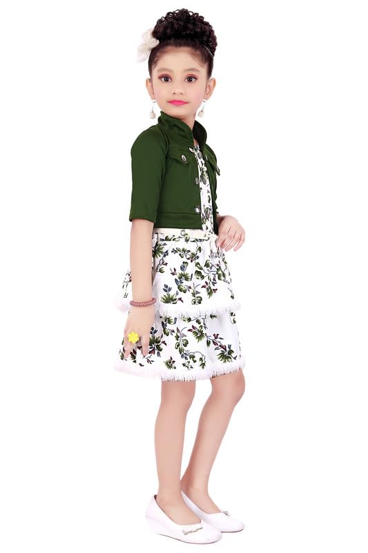 Green Cotton Blend Dress For Girls