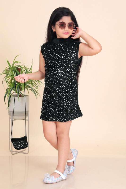 Silver Sequins Velvet Dress With Purse For Girls