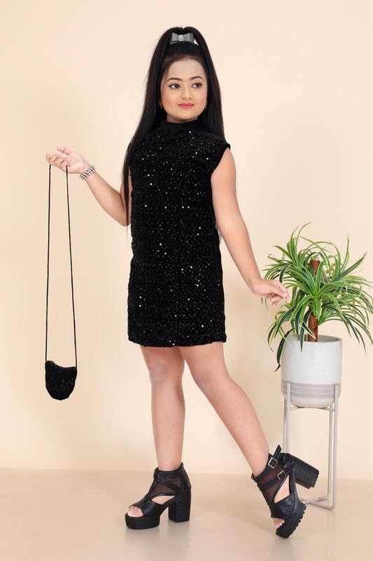 Black Sequins Velvet Dress With Purse For Girls