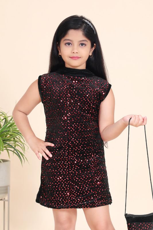 Maroon Sequins Velvet Dress With Purse For Girls
