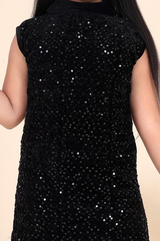 Black Sequins Velvet Dress With Purse For Girls