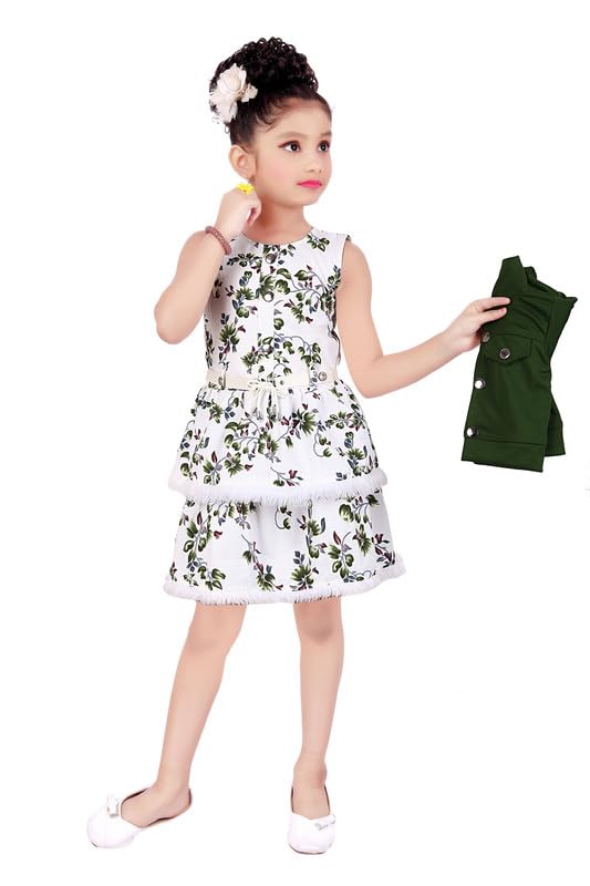 Green Cotton Blend Dress For Girls