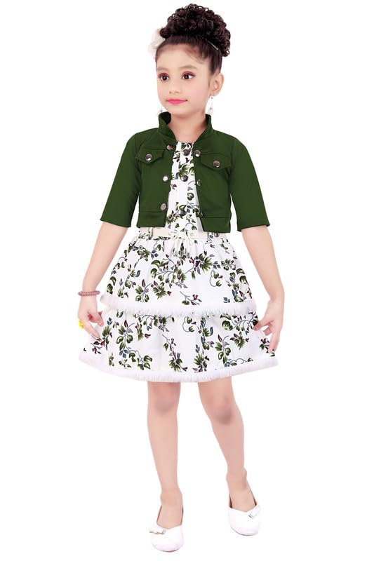Green Cotton Blend Dress For Girls
